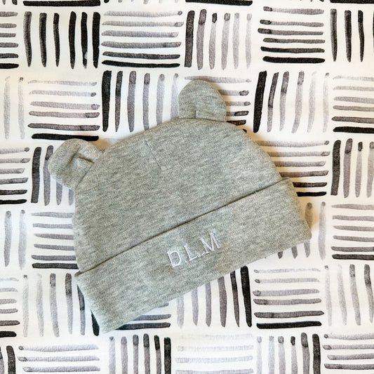 PERSONALISED BABY BEANIE WITH EARS GREY