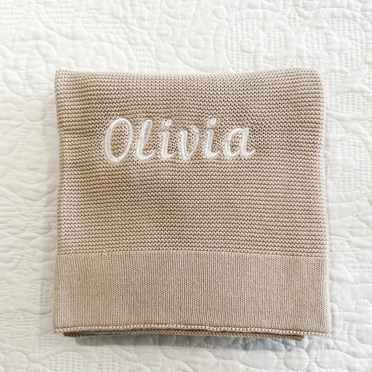 PERSONALISED COTTON KNIT BABY BLANKET BEIGE