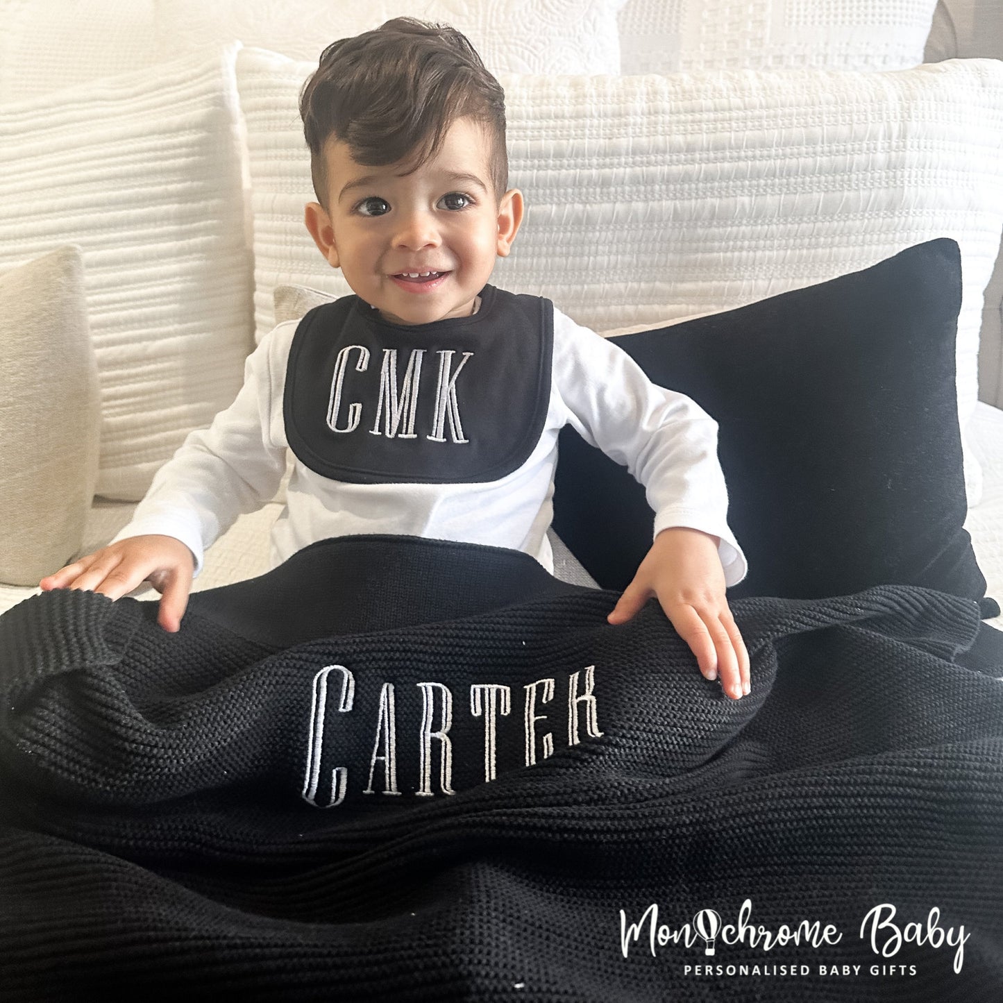 PERSONALISED COTTON KNIT BABY BLANKET BLACK