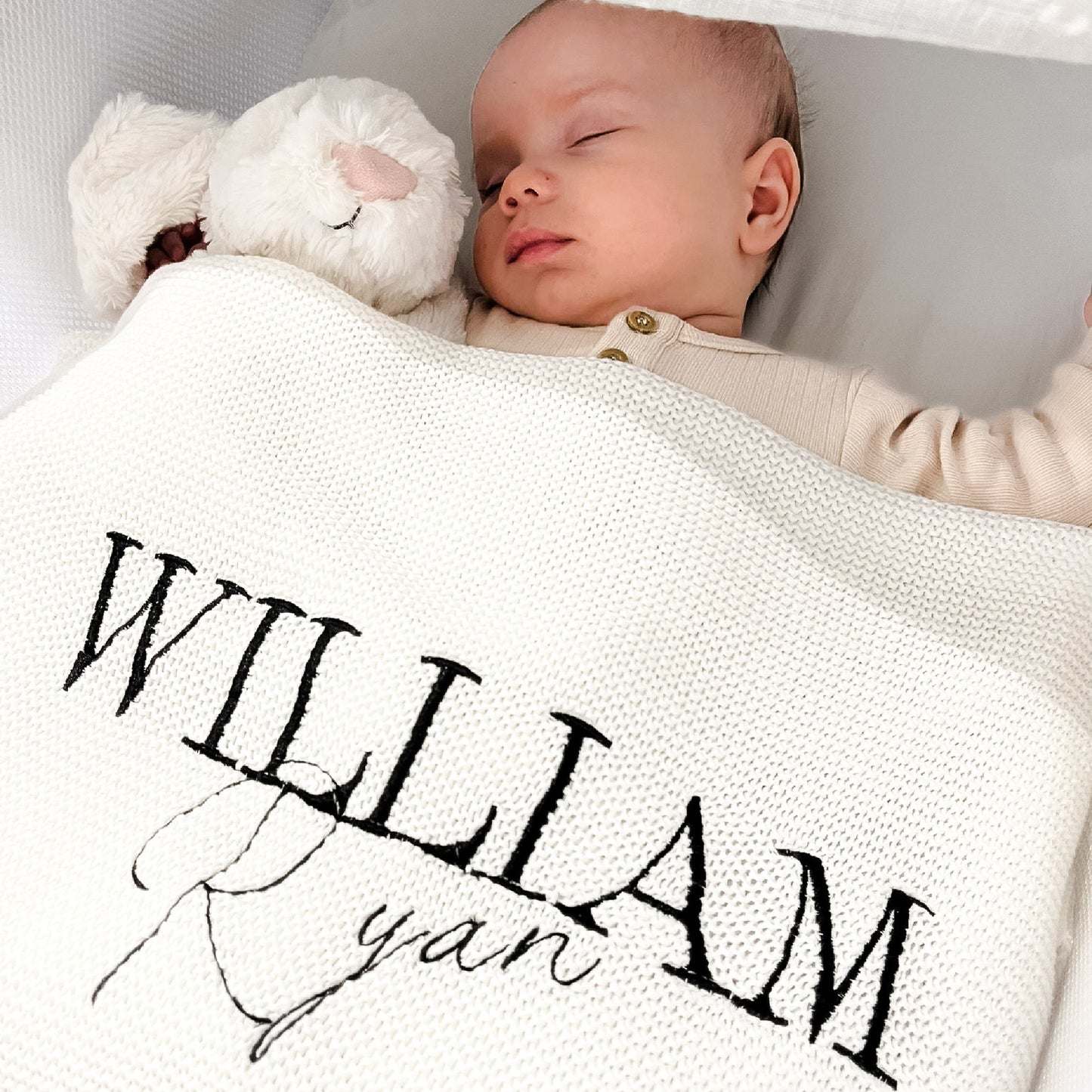 PERSONALISED COTTON KNIT BABY BLANKET WHITE