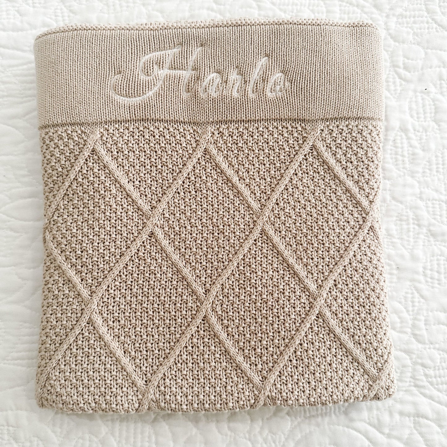 PERSONALISED DIAMOND COTTON KNIT BABY BLANKET BEIGE