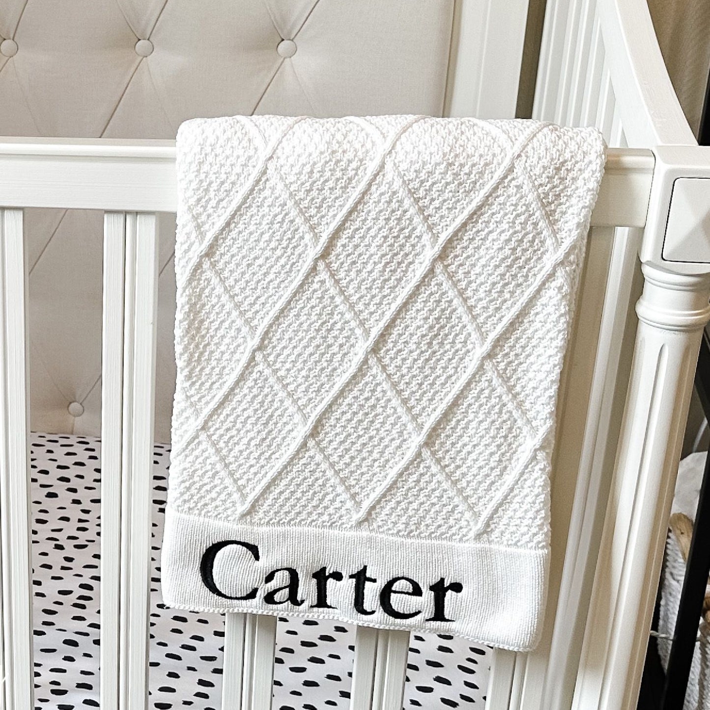 PERSONALISED DIAMOND COTTON KNIT BABY BLANKET WHITE