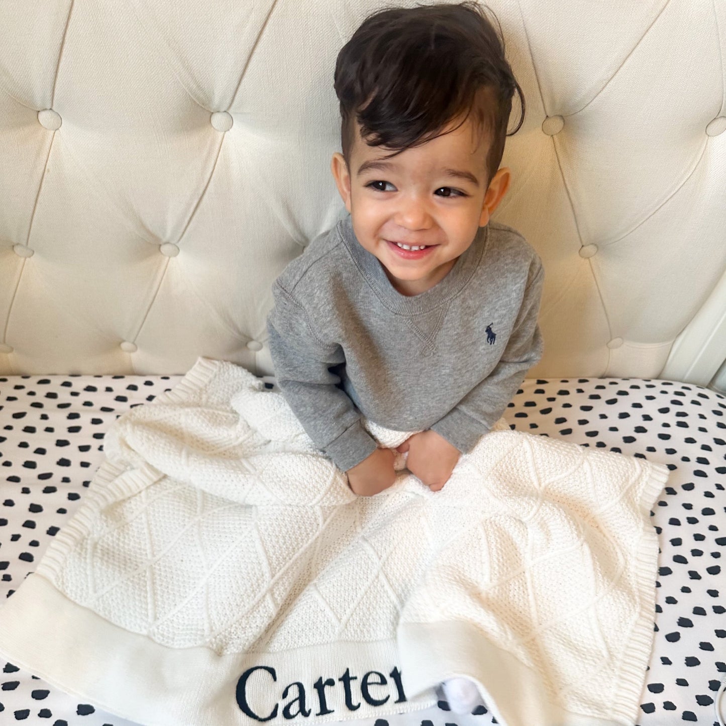 PERSONALISED DIAMOND COTTON KNIT BABY BLANKET WHITE